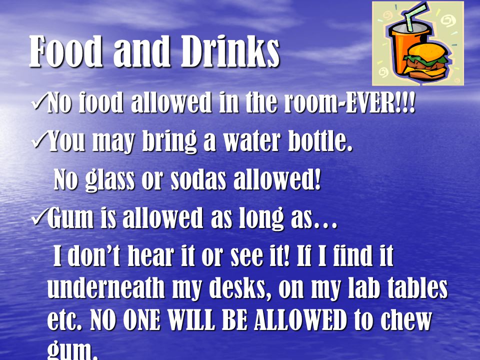 Food and Drinks No food allowed in the room-EVER!!.
