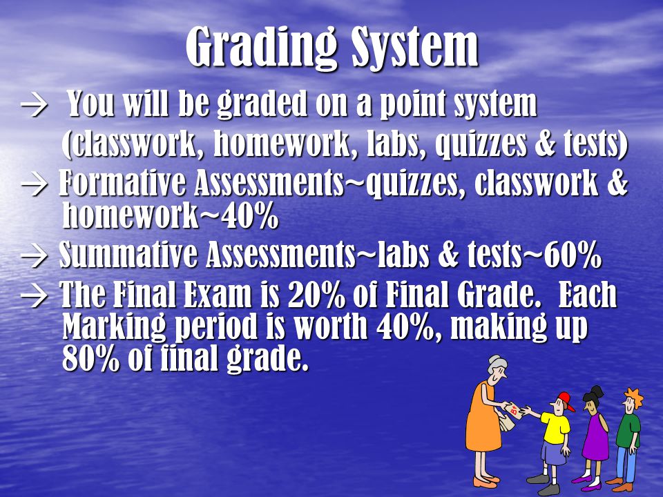 Grading System  You will be graded on a point system (classwork, homework, labs, quizzes & tests)  Formative Assessments~quizzes, classwork & homework~40%  Summative Assessments~labs & tests~60%  The Final Exam is 20% of Final Grade.