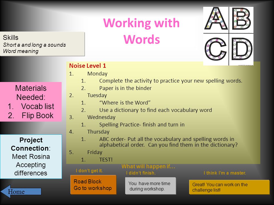 Working with Words Noise Level 1 1.Monday 1.Complete the activity to practice your new spelling words.