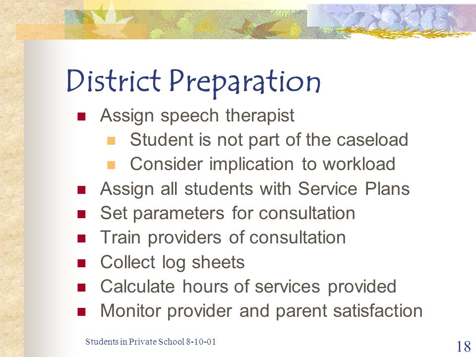 Students in Private School District Preparation Assign speech therapist Student is not part of the caseload Consider implication to workload Assign all students with Service Plans Set parameters for consultation Train providers of consultation Collect log sheets Calculate hours of services provided Monitor provider and parent satisfaction