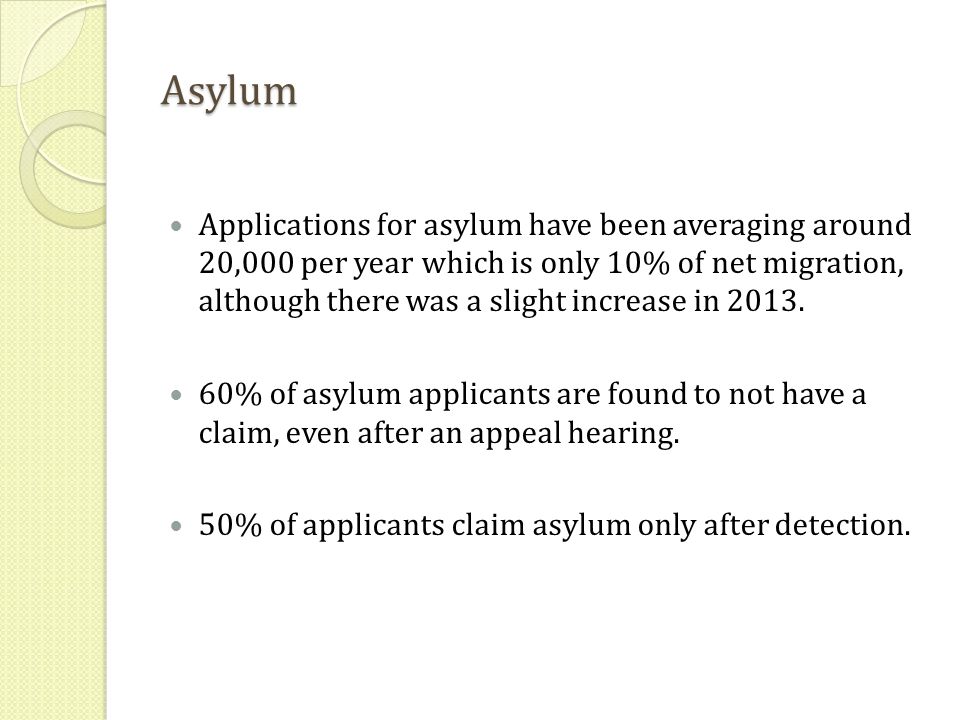 Asylum Applications for asylum have been averaging around 20,000 per year which is only 10% of net migration, although there was a slight increase in 2013.