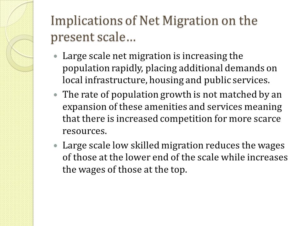 Implications of Net Migration on the present scale… Large scale net migration is increasing the population rapidly, placing additional demands on local infrastructure, housing and public services.