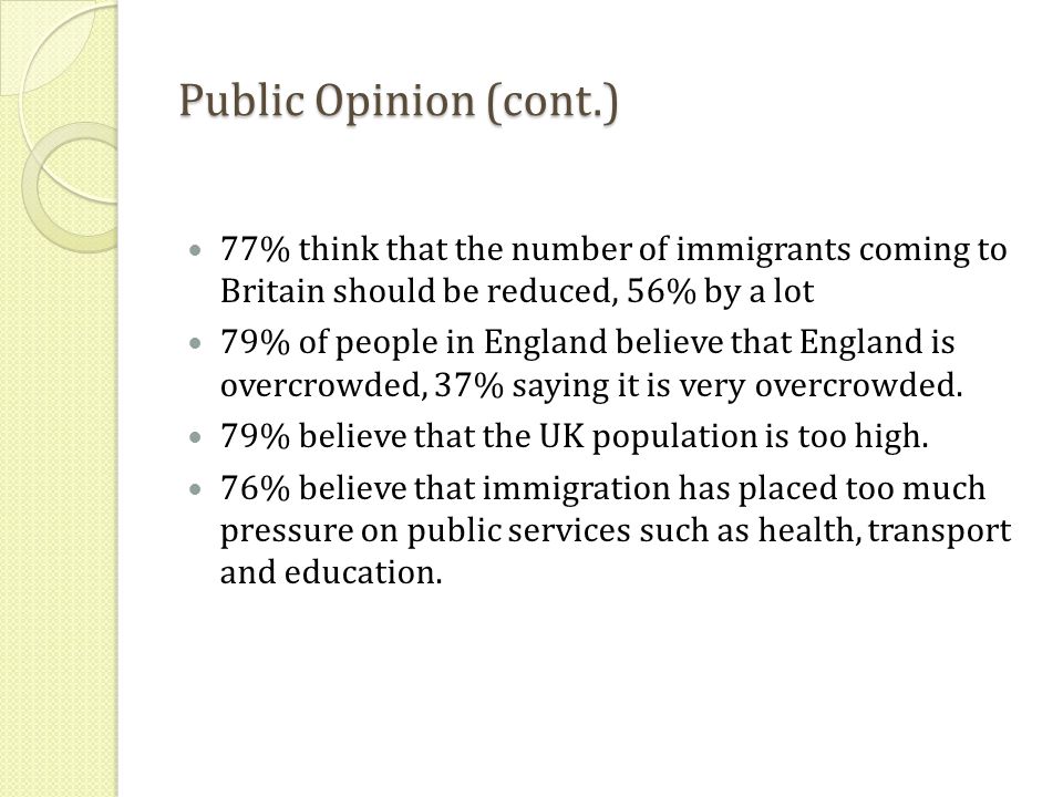 Public Opinion (cont.) 77% think that the number of immigrants coming to Britain should be reduced, 56% by a lot 79% of people in England believe that England is overcrowded, 37% saying it is very overcrowded.