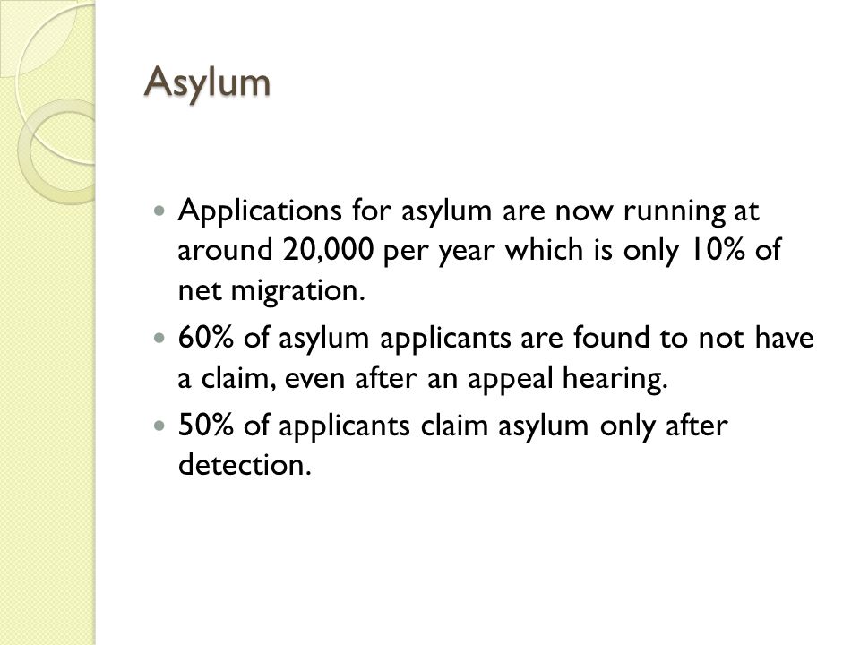 Asylum Applications for asylum are now running at around 20,000 per year which is only 10% of net migration.