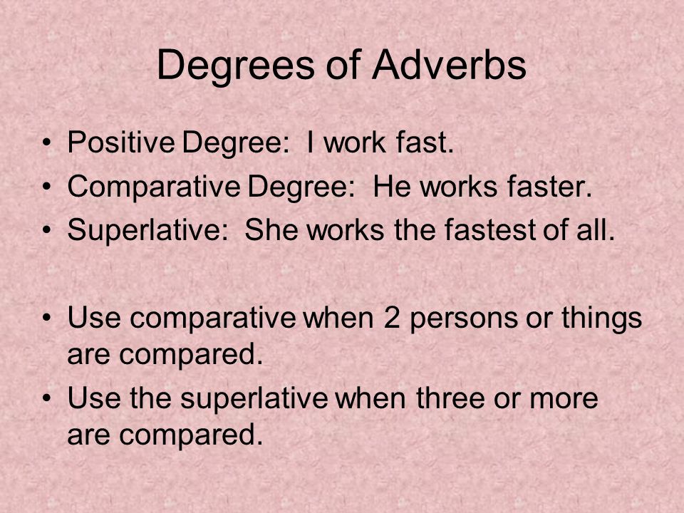 Degrees of Adverbs Positive Degree: I work fast. Comparative Degree: He works faster.