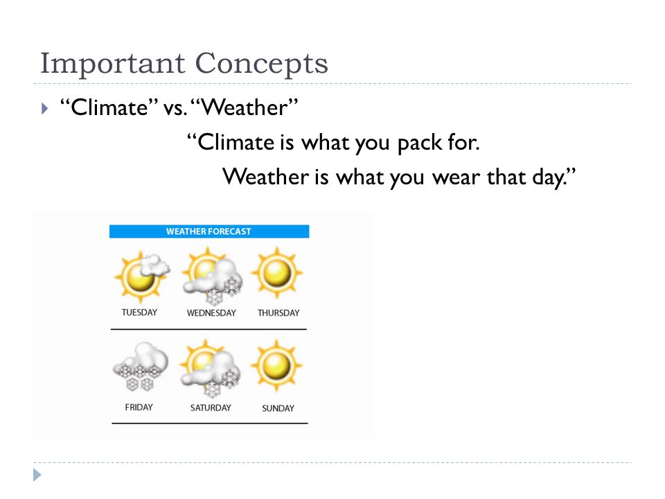 Important Concepts  Climate vs. Weather Climate is what you pack for.