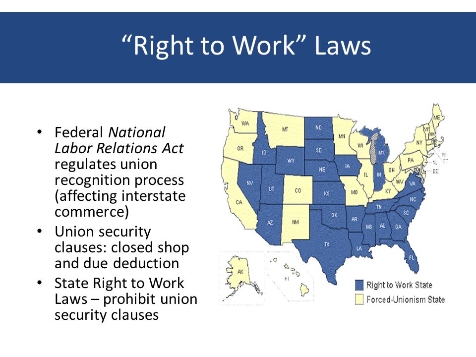 Right to Work Laws Federal National Labor Relations Act regulates union recognition process (affecting interstate commerce) Union security clauses: closed shop and due deduction State Right to Work Laws – prohibit union security clauses