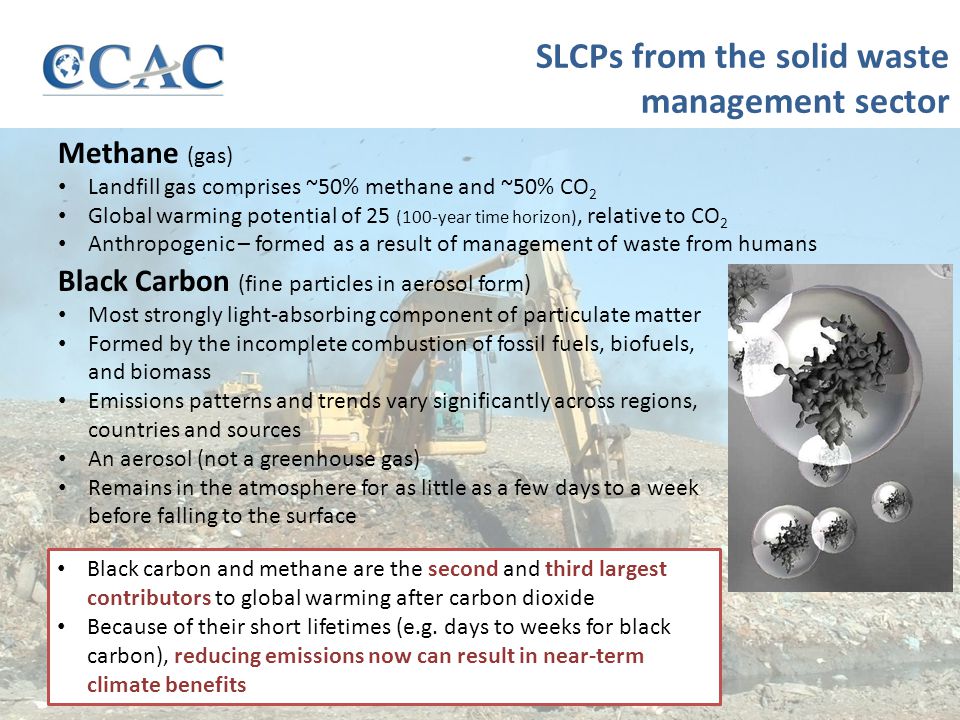 SLCPs from the solid waste management sector Black Carbon (fine particles in aerosol form) Most strongly light-absorbing component of particulate matter Formed by the incomplete combustion of fossil fuels, biofuels, and biomass Emissions patterns and trends vary significantly across regions, countries and sources An aerosol (not a greenhouse gas) Remains in the atmosphere for as little as a few days to a week before falling to the surface Methane (gas) Landfill gas comprises ~50% methane and ~50% CO 2 Global warming potential of 25 (100-year time horizon), relative to CO 2 Anthropogenic – formed as a result of management of waste from humans Black carbon and methane are the second and third largest contributors to global warming after carbon dioxide Because of their short lifetimes (e.g.