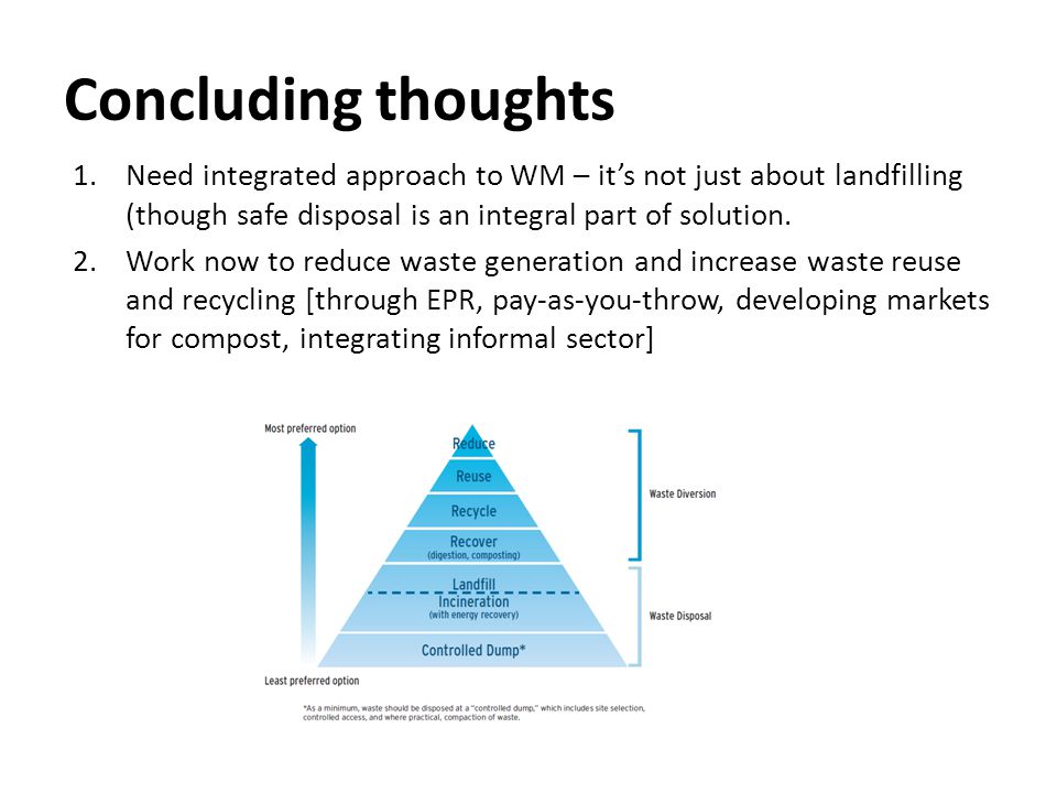 Concluding thoughts 1.Need integrated approach to WM – it’s not just about landfilling (though safe disposal is an integral part of solution.