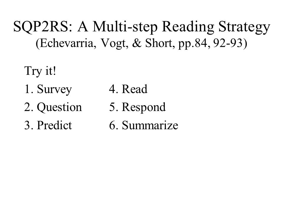 SQP2RS: A Multi-step Reading Strategy (Echevarria, Vogt, & Short, pp.84, 92-93) Try it.