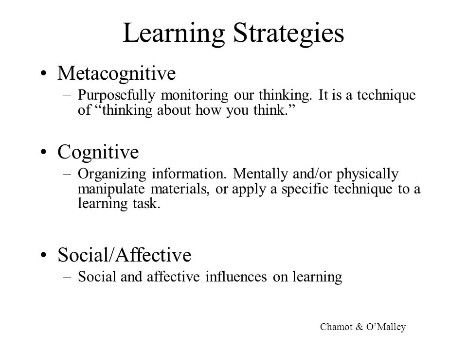 Learning Strategies Metacognitive –Purposefully monitoring our thinking.
