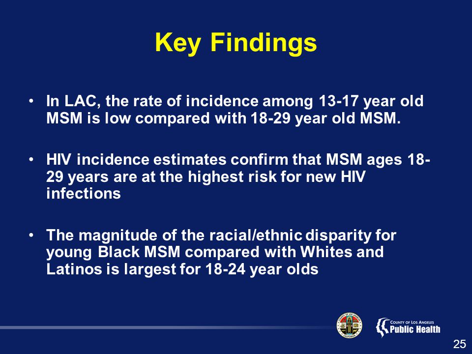 Key Findings In LAC, the rate of incidence among year old MSM is low compared with year old MSM.