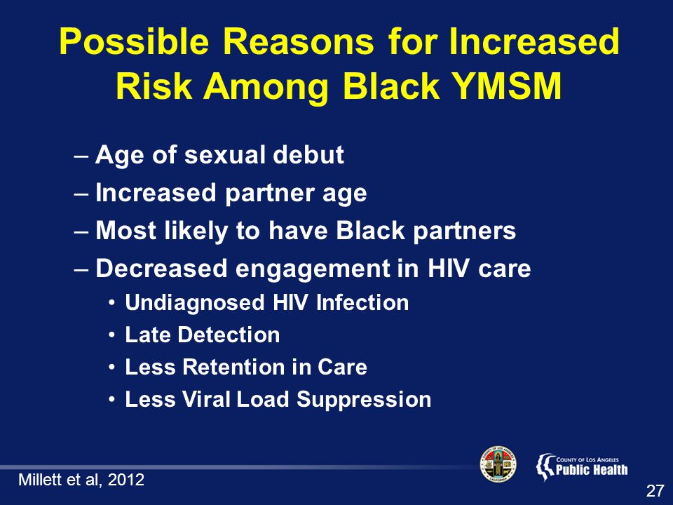 Possible Reasons for Increased Risk Among Black YMSM –Age of sexual debut –Increased partner age –Most likely to have Black partners –Decreased engagement in HIV care Undiagnosed HIV Infection Late Detection Less Retention in Care Less Viral Load Suppression Millett et al,