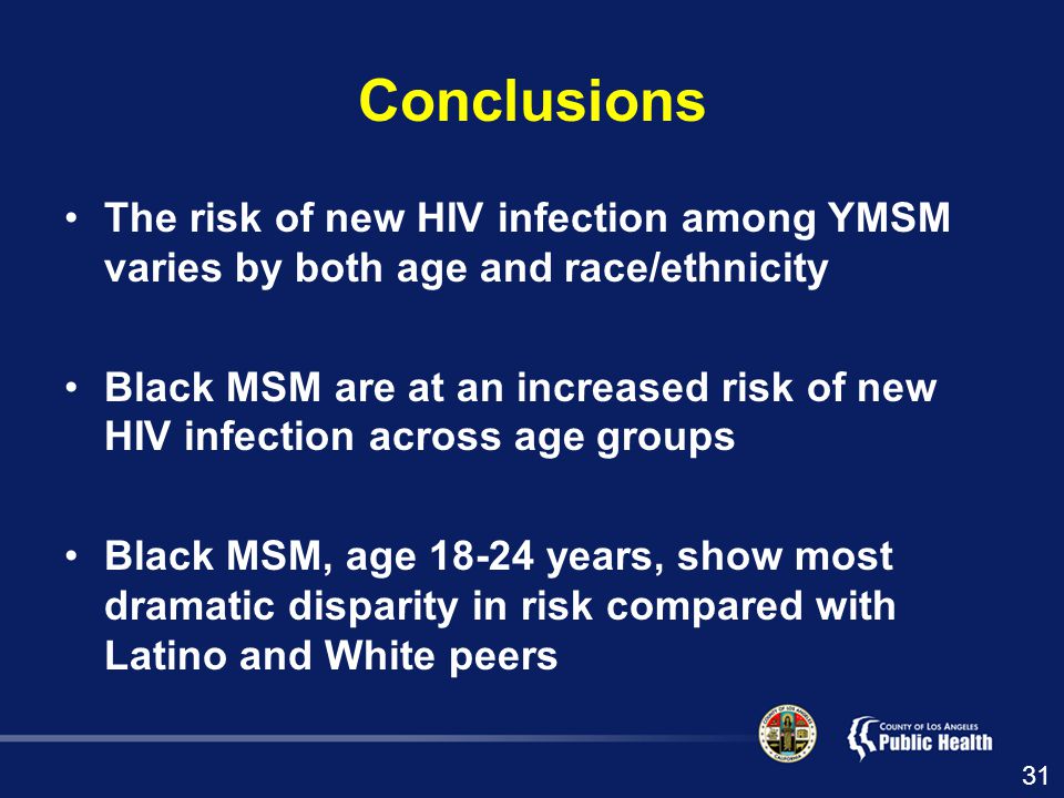 Conclusions The risk of new HIV infection among YMSM varies by both age and race/ethnicity Black MSM are at an increased risk of new HIV infection across age groups Black MSM, age years, show most dramatic disparity in risk compared with Latino and White peers 31
