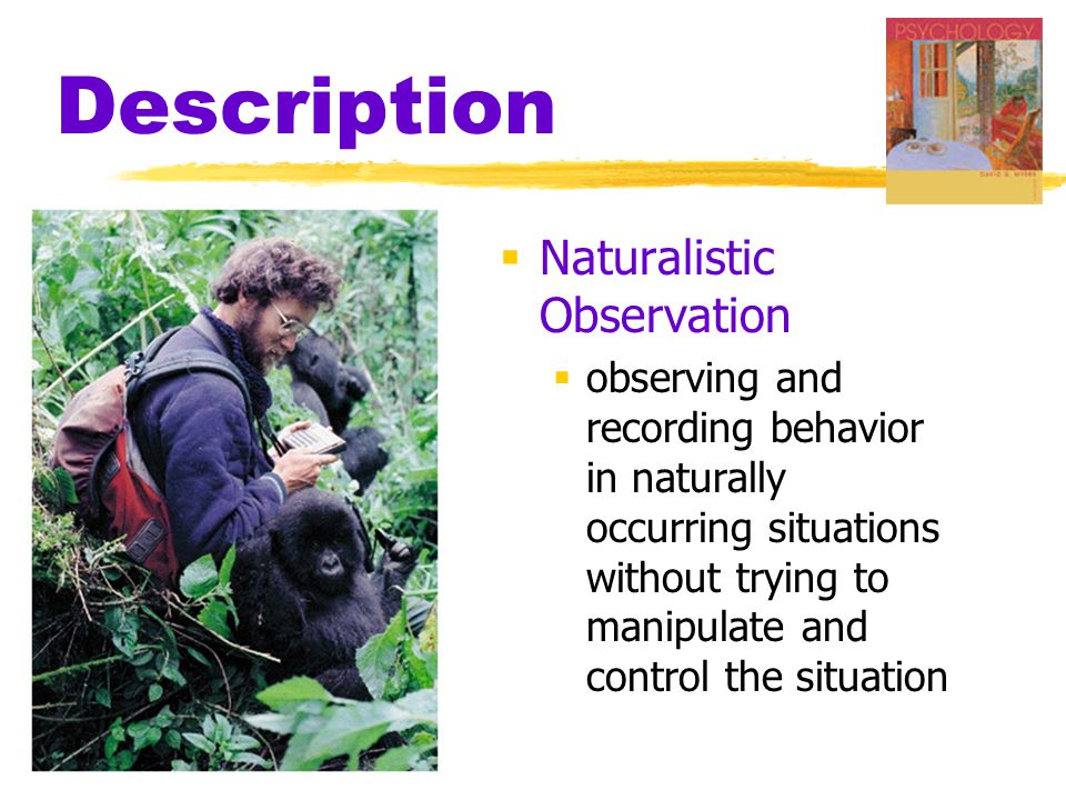 Description  Naturalistic Observation  observing and recording behavior in naturally occurring situations without trying to manipulate and control the situation