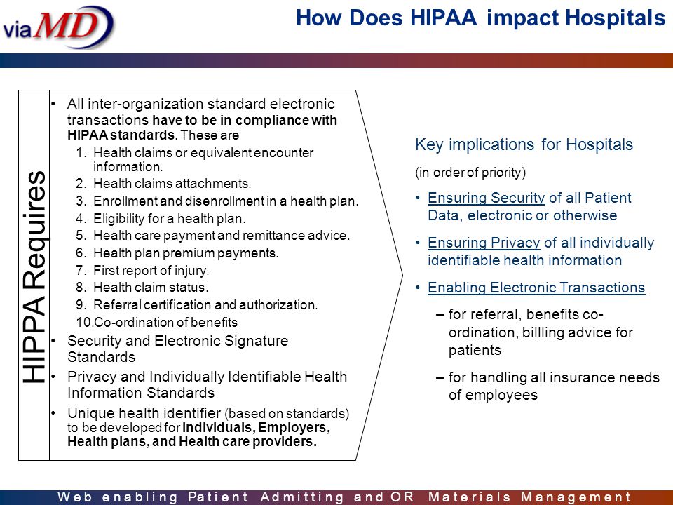 Bringing HIPAA to Hospital Systems HIPAA impact on hospital systems viaMD solution for HIPAA compliance W e b e n a b l i n g Pa t i e n t A d m i t t i n g a n d O R M a t e r i a l s M a n a g e m e n t
