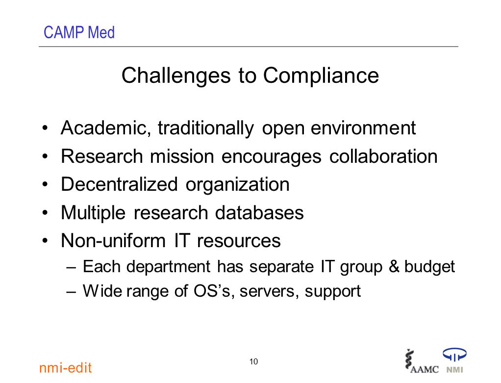 CAMP Med 10 Challenges to Compliance Academic, traditionally open environment Research mission encourages collaboration Decentralized organization Multiple research databases Non-uniform IT resources –Each department has separate IT group & budget –Wide range of OS’s, servers, support