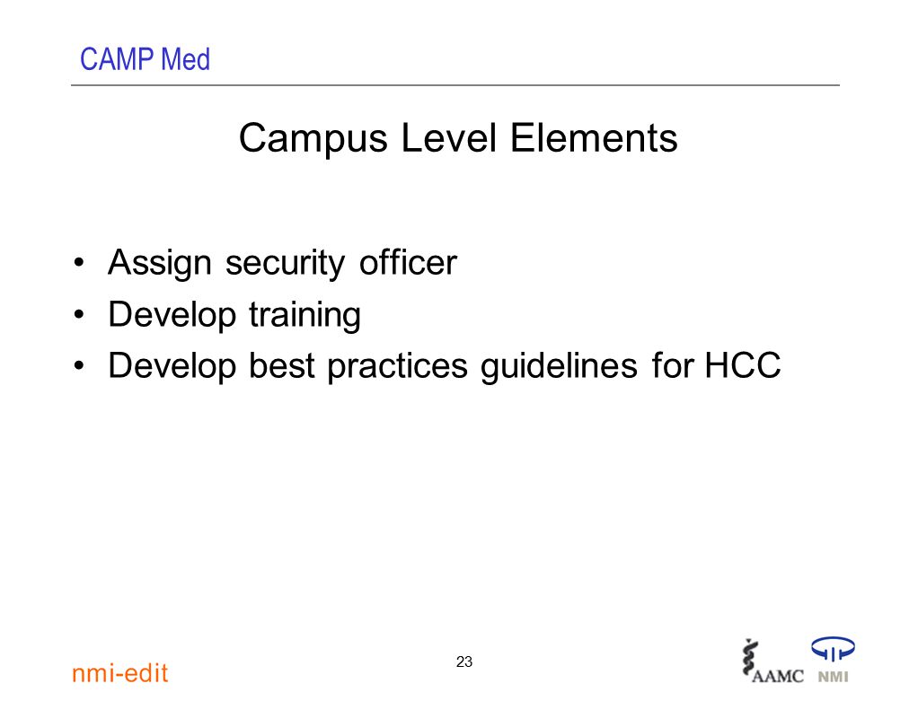 CAMP Med 23 Campus Level Elements Assign security officer Develop training Develop best practices guidelines for HCC