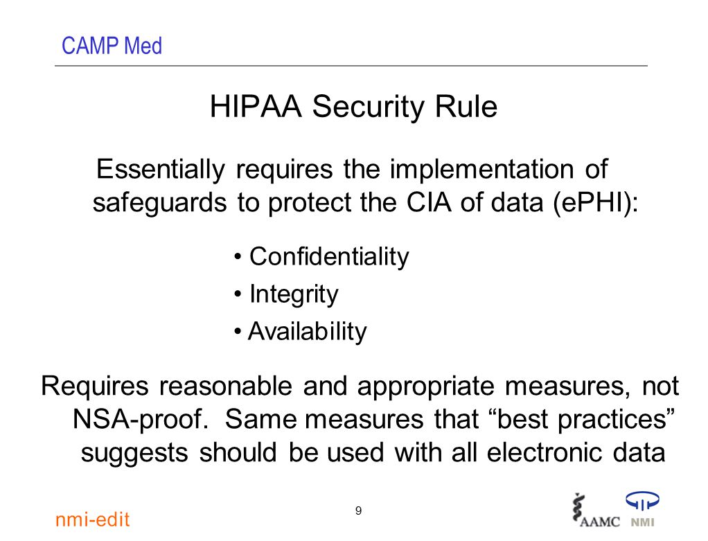 CAMP Med 9 HIPAA Security Rule Essentially requires the implementation of safeguards to protect the CIA of data (ePHI): Confidentiality Integrity Availability Requires reasonable and appropriate measures, not NSA-proof.
