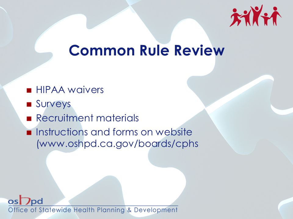 Common Rule Review HIPAA waivers Surveys Recruitment materials Instructions and forms on website (
