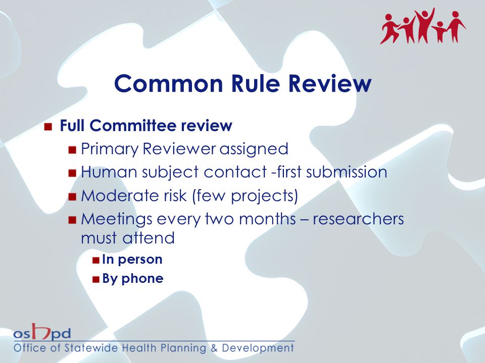 Common Rule Review Full Committee review Primary Reviewer assigned Human subject contact -first submission Moderate risk (few projects) Meetings every two months – researchers must attend In person By phone