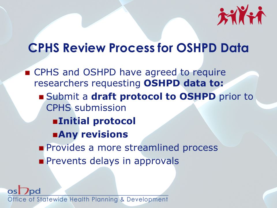 CPHS Review Process for OSHPD Data CPHS and OSHPD have agreed to require researchers requesting OSHPD data to: Submit a draft protocol to OSHPD prior to CPHS submission Initial protocol Any revisions Provides a more streamlined process Prevents delays in approvals