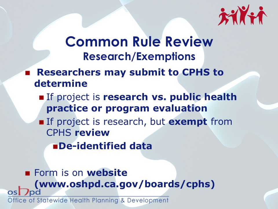 Common Rule Review Research/Exemptions Researchers may submit to CPHS to determine If project is research vs.