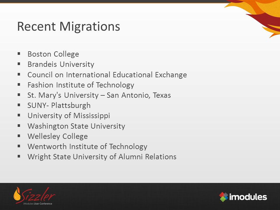 Recent Migrations  Boston College  Brandeis University  Council on International Educational Exchange  Fashion Institute of Technology  St.
