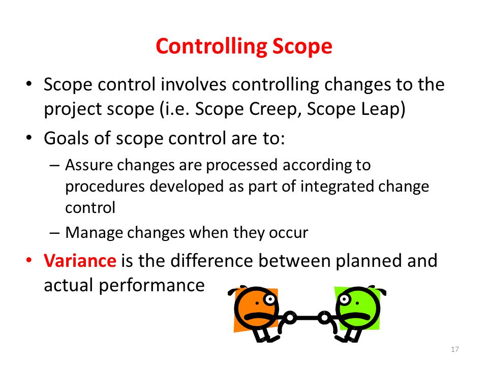 Scope control involves controlling changes to the project scope (i.e.