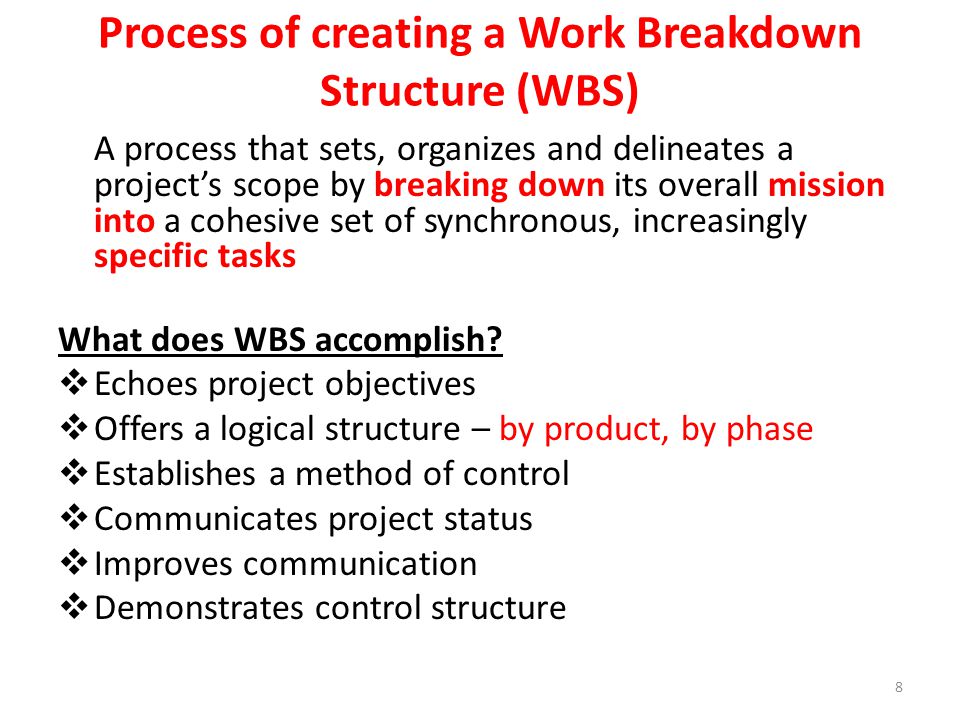 Process of creating a Work Breakdown Structure (WBS) A process that sets, organizes and delineates a project’s scope by breaking down its overall mission into a cohesive set of synchronous, increasingly specific tasks What does WBS accomplish.