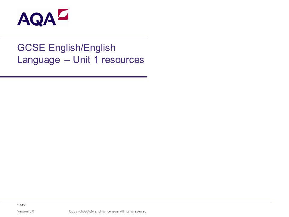 1 of x GCSE English/English Language – Unit 1 resources Copyright © AQA and its licensors.