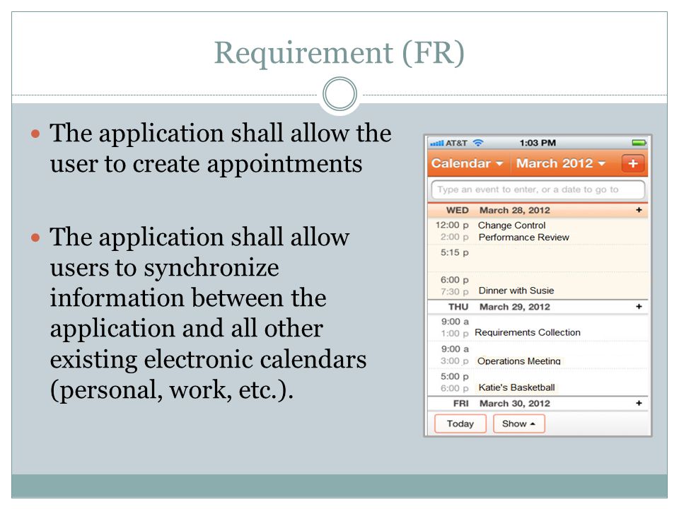Requirement (FR) The application shall allow the user to create appointments The application shall allow users to synchronize information between the application and all other existing electronic calendars (personal, work, etc.).