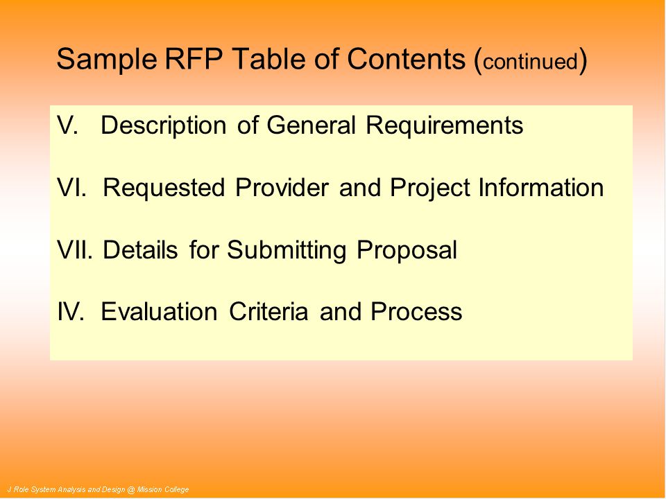 V. Description of General Requirements VI. Requested Provider and Project Information VII.