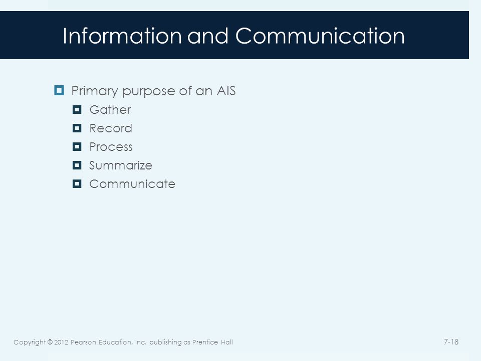 Information and Communication  Primary purpose of an AIS  Gather  Record  Process  Summarize  Communicate Copyright © 2012 Pearson Education, Inc.