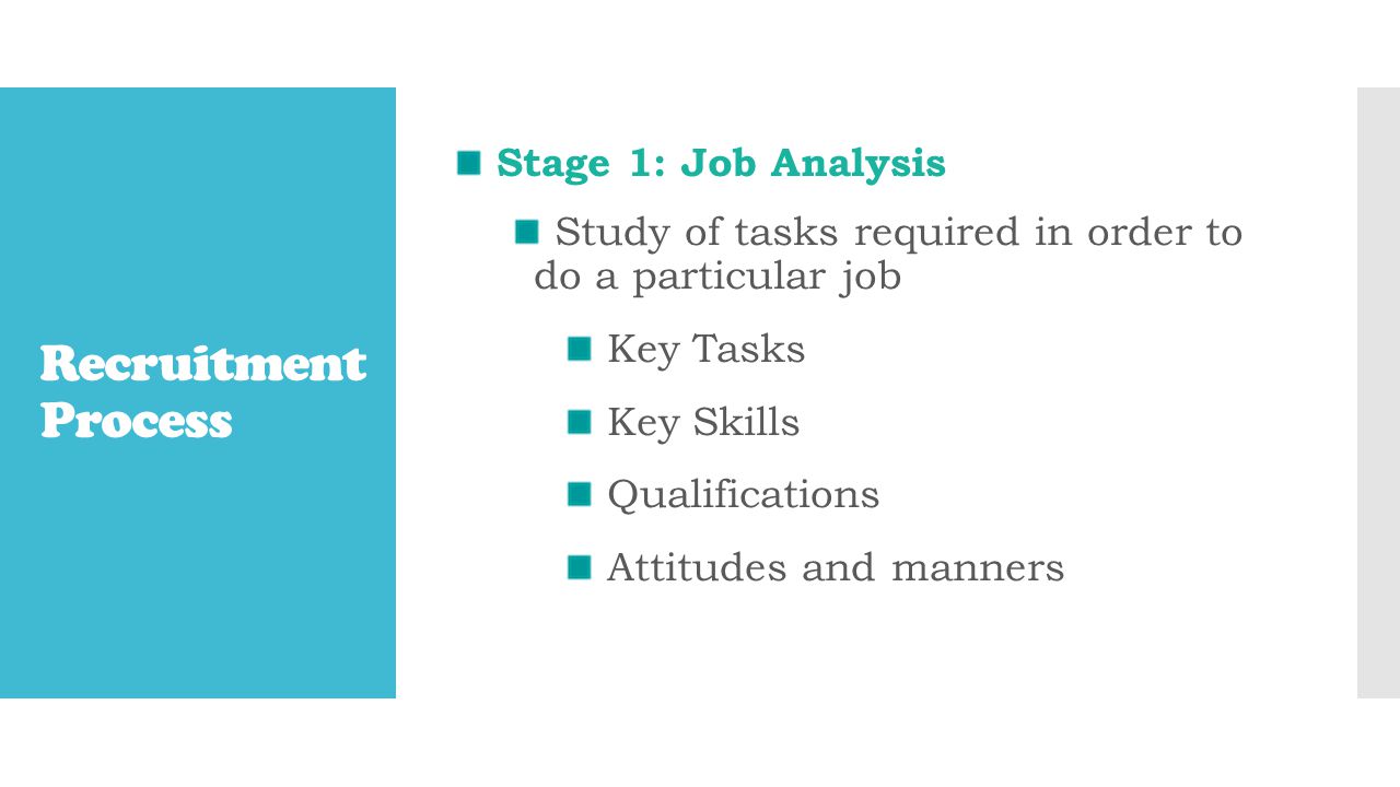 Recruitment Process Stage 1: Job Analysis Study of tasks required in order to do a particular job Key Tasks Key Skills Qualifications Attitudes and manners