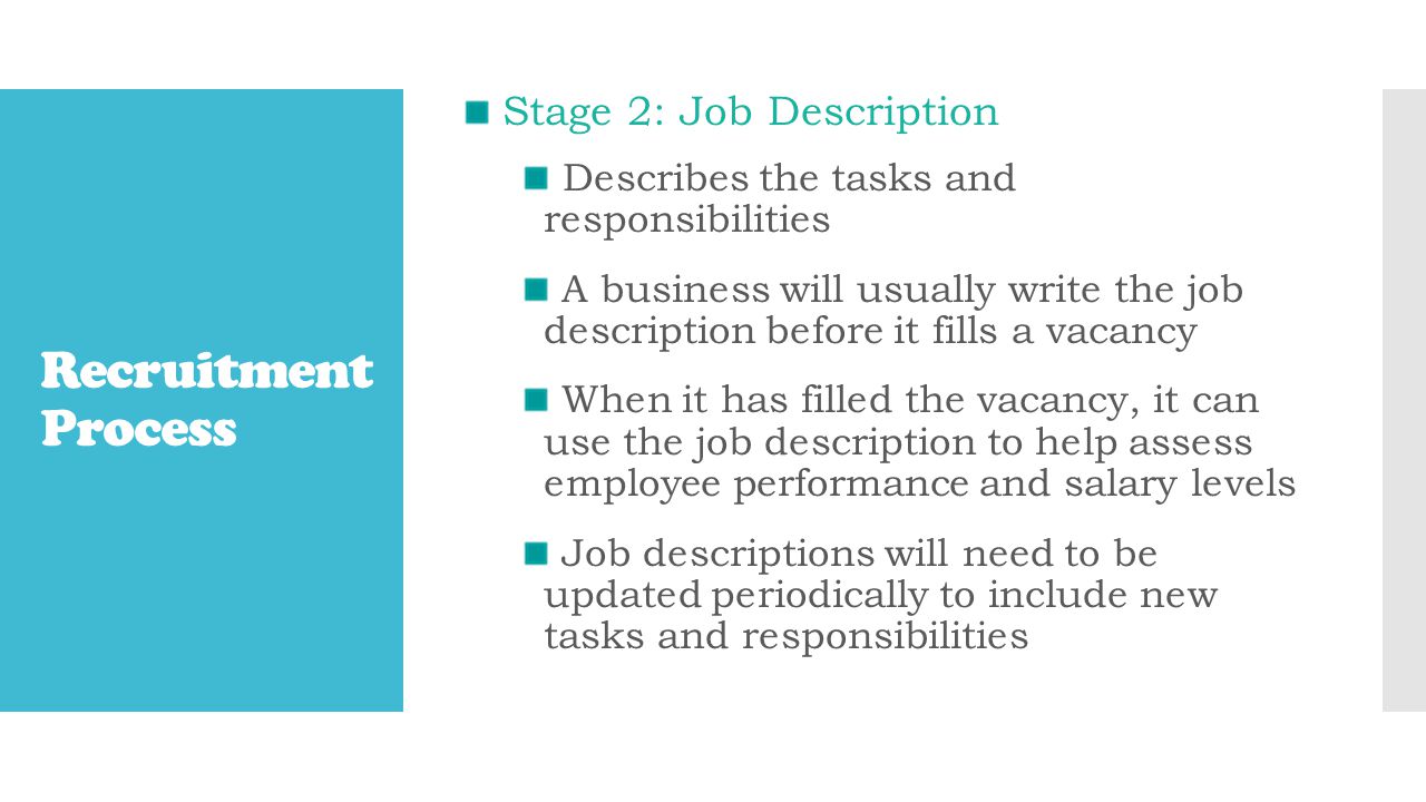 Recruitment Process Stage 2: Job Description Describes the tasks and responsibilities A business will usually write the job description before it fills a vacancy When it has filled the vacancy, it can use the job description to help assess employee performance and salary levels Job descriptions will need to be updated periodically to include new tasks and responsibilities
