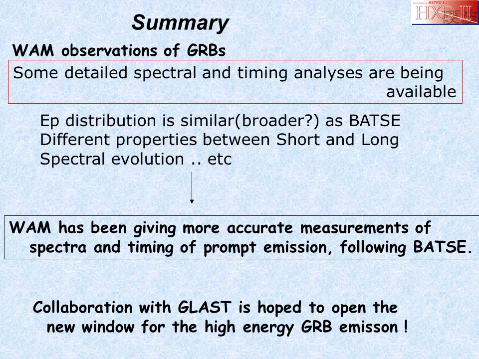 Summary Some detailed spectral and timing analyses are being available Ep distribution is similar(broader ) as BATSE Different properties between Short and Long Spectral evolution..