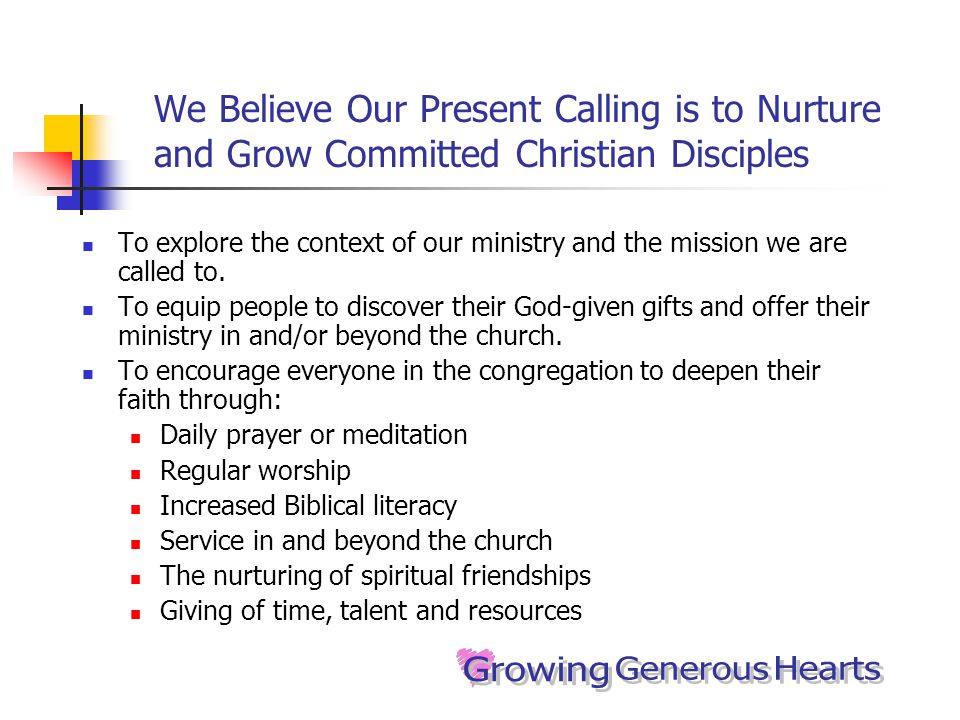 We Believe Our Present Calling is to Nurture and Grow Committed Christian Disciples To explore the context of our ministry and the mission we are called to.