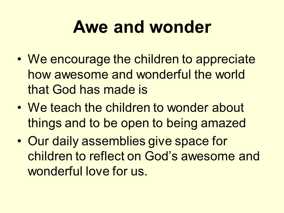 Awe and wonder We encourage the children to appreciate how awesome and wonderful the world that God has made is We teach the children to wonder about things and to be open to being amazed Our daily assemblies give space for children to reflect on God’s awesome and wonderful love for us.