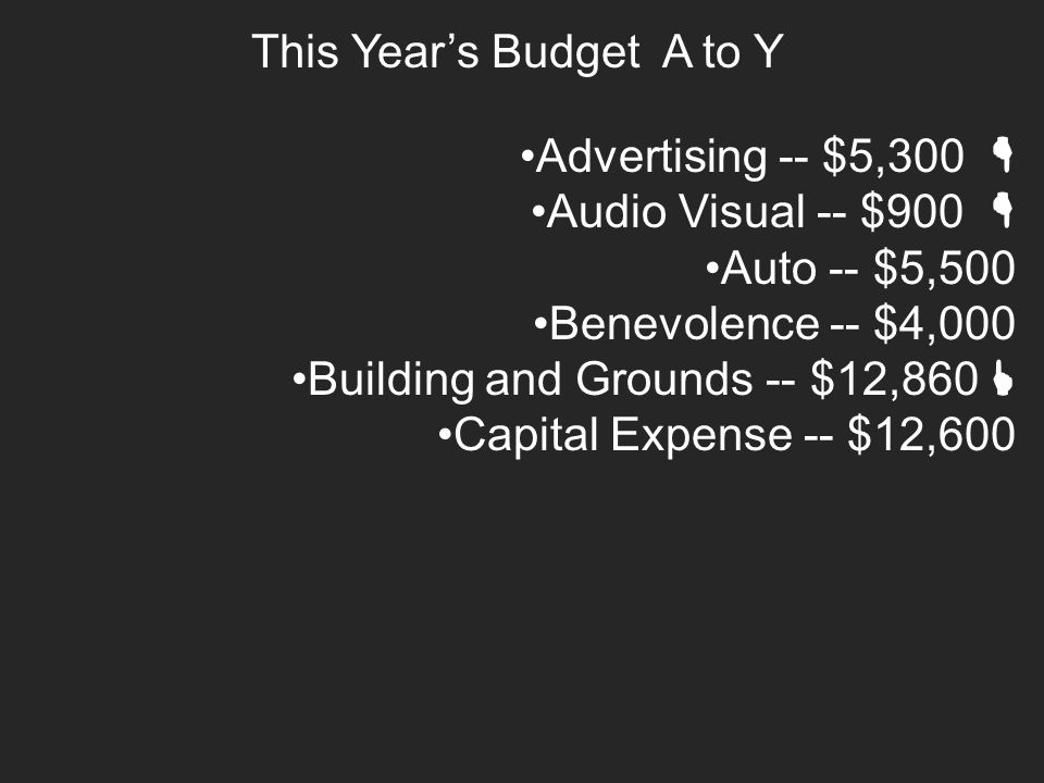 This Year’s Budget A to Y Advertising -- $5,300  Audio Visual -- $900  Auto -- $5,500 Benevolence -- $4,000 Building and Grounds -- $12,860  Capital Expense -- $12,600