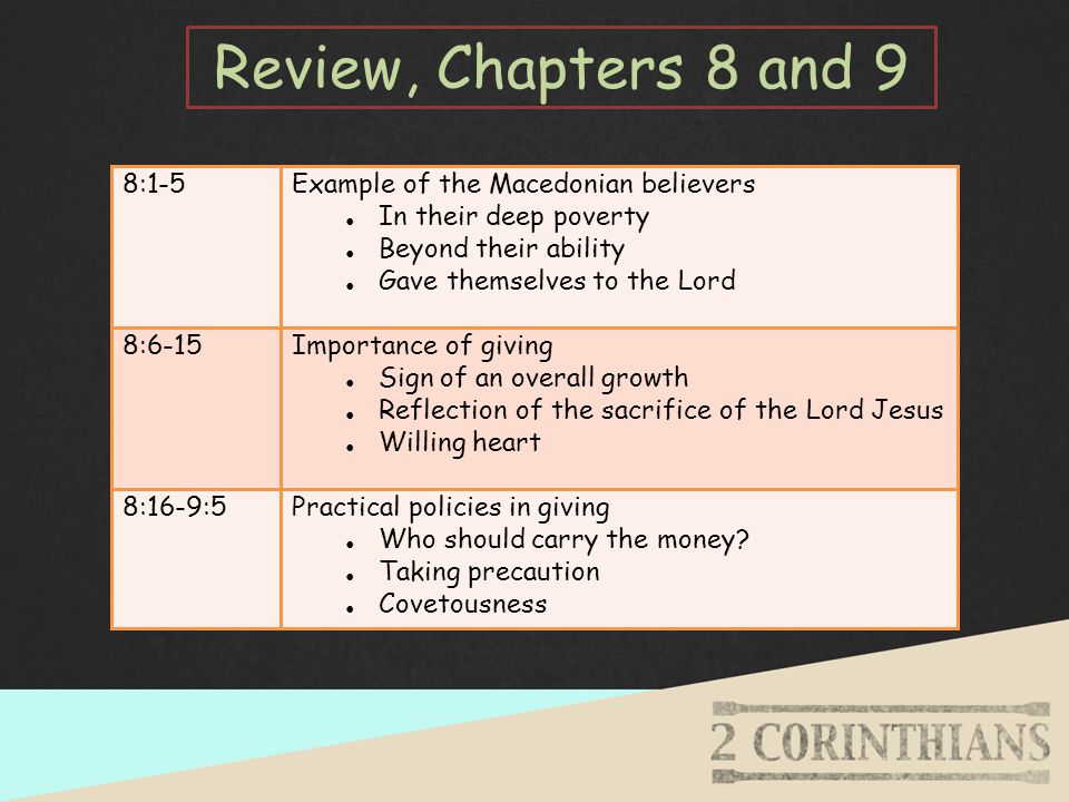 Review, Chapters 8 and 9 8:1-5Example of the Macedonian believers In their deep poverty Beyond their ability Gave themselvesto the Lord 8:6-15Importance of giving Signof an overall growth Reflection of the sacrifice of the Lord Jesus Willing heart 8:16-9:5Practical policies in giving Who shouldcarry the money.
