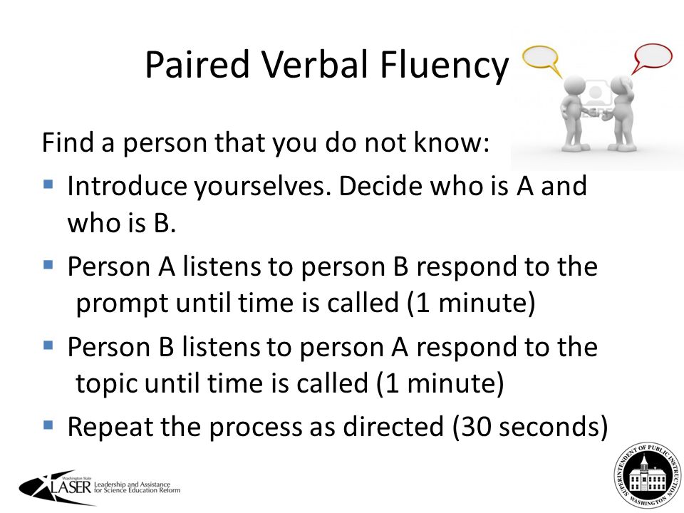 Paired Verbal Fluency Find a person that you do not know:  Introduce yourselves.