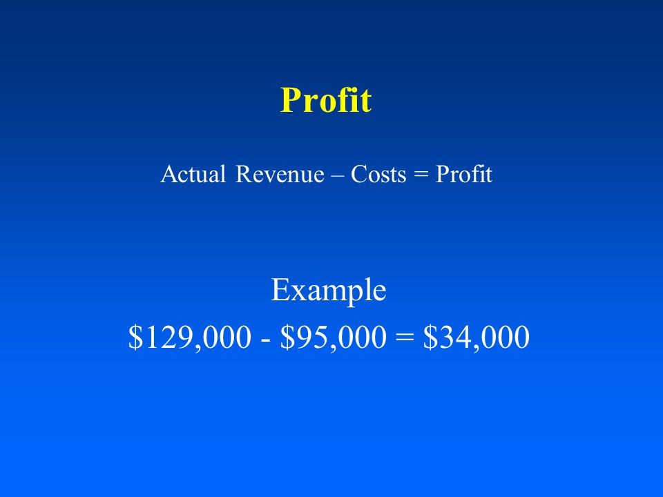 Profit Actual Revenue – Costs = Profit Example $129,000 - $95,000 = $34,000