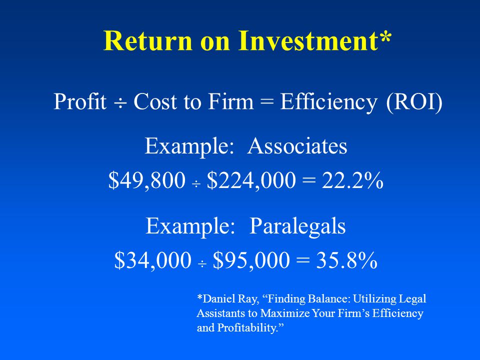 Return on Investment* Profit  Cost to Firm = Efficiency (ROI) Example: Associates $49,800  $224,000 = 22.2% Example: Paralegals $34,000  $95,000 = 35.8% *Daniel Ray, Finding Balance: Utilizing Legal Assistants to Maximize Your Firm’s Efficiency and Profitability.