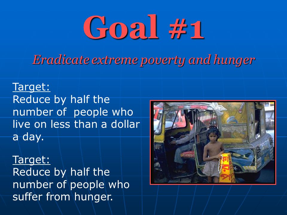 Goal #1 Eradicate extreme poverty and hunger Target: Reduce by half the number of people who live on less than a dollar a day.