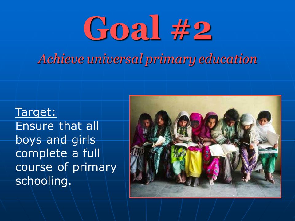 Goal #2 Achieve universal primary education Target: Ensure that all boys and girls complete a full course of primary schooling.