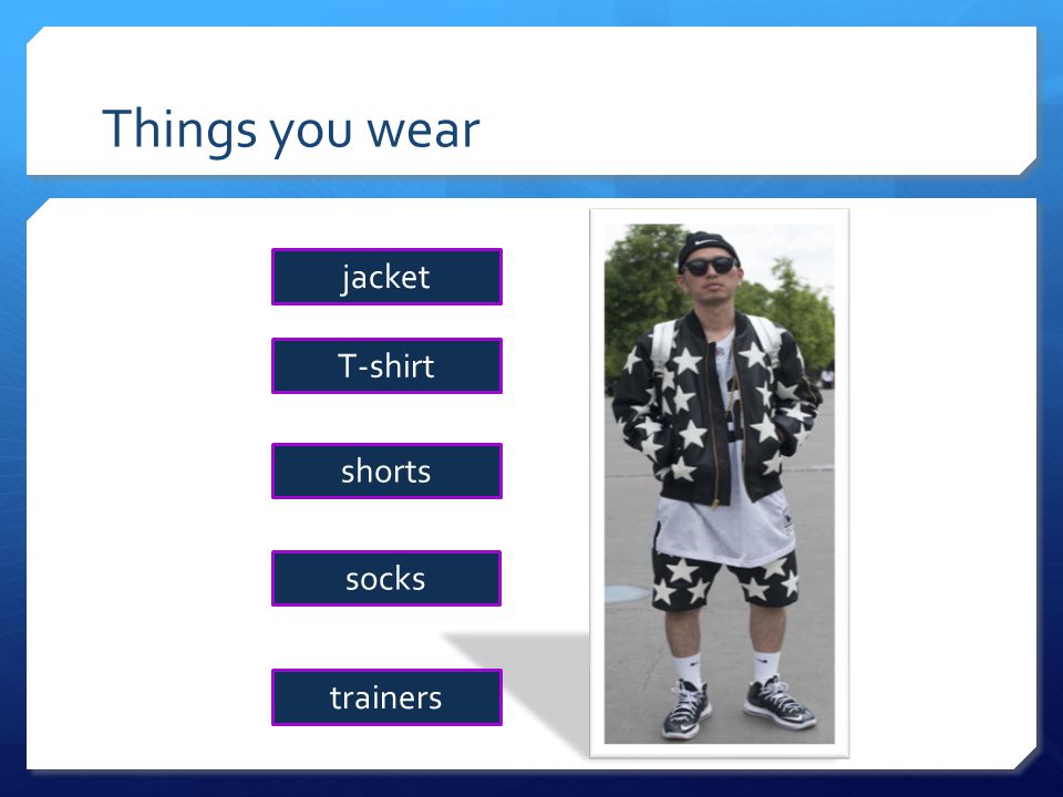 Things you wear socks jacket T-shirt shorts trainers