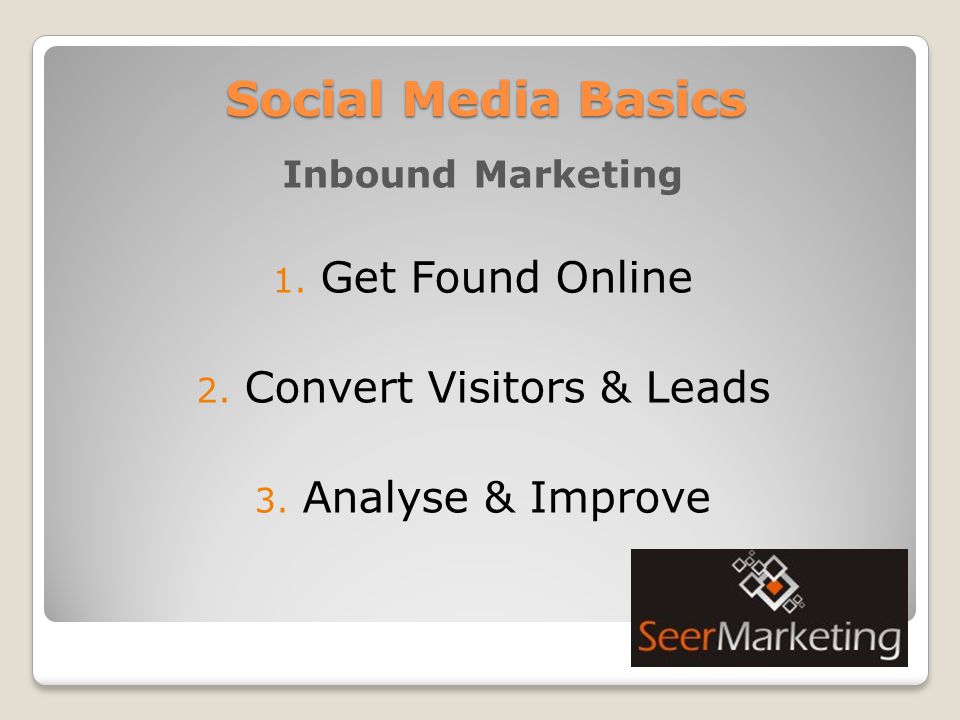 Social Media Basics Inbound Marketing 1. Get Found Online 2.