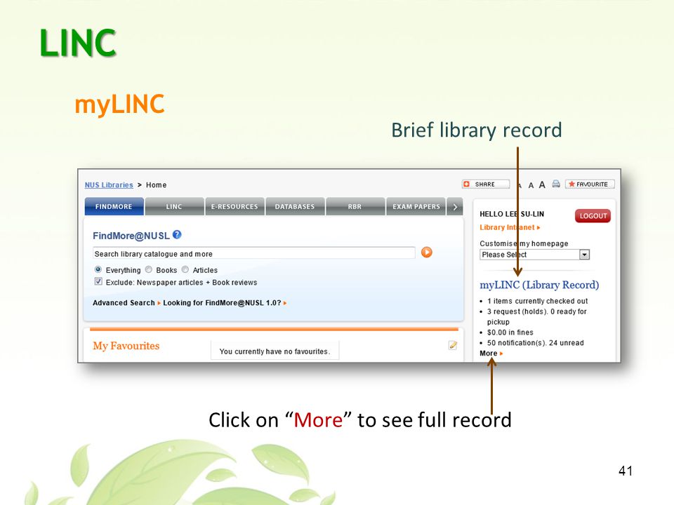 LINC 41 myLINC Click on More to see full record Brief library record