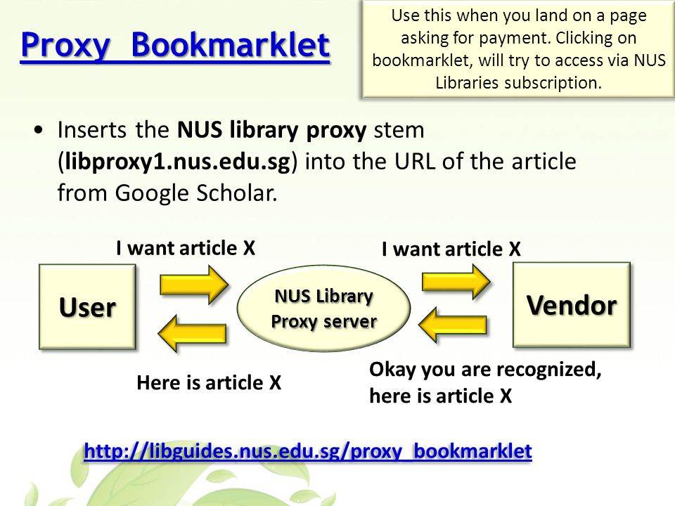 Proxy Bookmarklet Proxy Bookmarklet Inserts the NUS library proxy stem (libproxy1.nus.edu.sg) into the URL of the article from Google Scholar.
